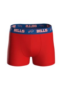 Red boxer shorts with a blue waistband displaying "BILLS" in white lettering, featuring a blue Buffalo Bills logo on the left side.