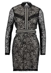 Black lace dress featuring long sleeves, a high neckline, and intricate floral patterns. Includes a fitted silhouette and a contrasting belt.