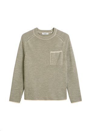 Gestreiftes Langarmshirt in gedämpftem Grün und Beige. Mit rundem Ausschnitt, Raglanärmeln und einer aufgesetzten Brusttasche.