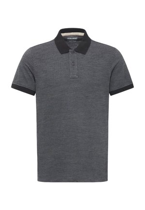 Γκρι πόλο μπλουζάκι με μαύρο γιακά και μανίκια, δύο κουμπιά στο λαιμό, με υφή υφάσματος και διακριτό σχέδιο σε όλη την επιφάνεια.