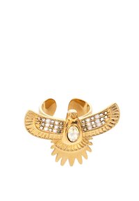 Gold-tone cuff ring featuring a detailed bird design with intricate feather patterns, embellished with clear gemstones and a central stone.