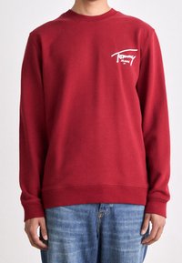 Sudadera roja con mangas largas, cuello redondo y un logo blanco en el lado izquierdo del pecho. Fabricada con un material suave y texturizado. Corte casual.