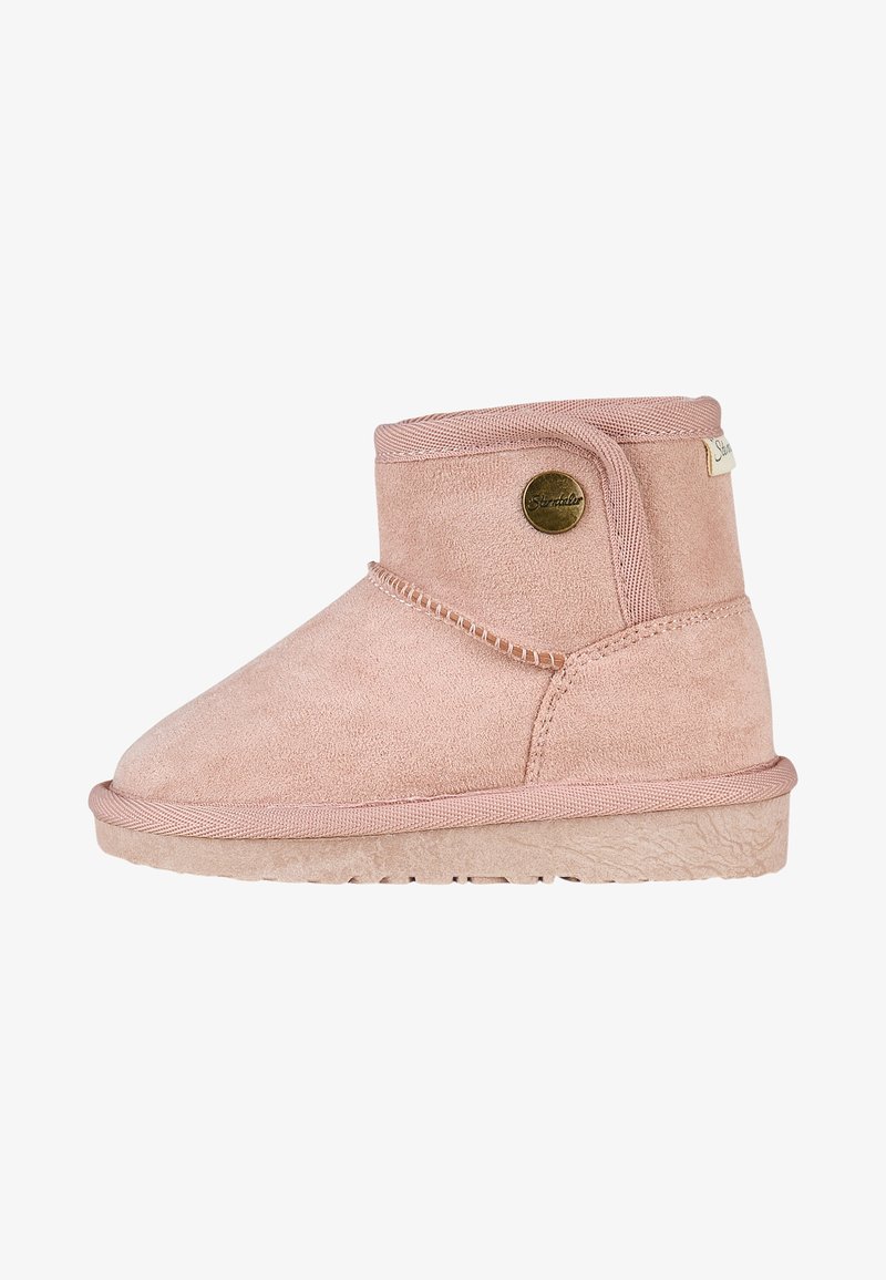 Rosa Wildleder-Ankle-Boot mit abgerundetem Zehenbereich, weichem Material, gesteppten Akzenten und einer Gummisohle. Verfügt über ein Logo-Etikett an der Seite.