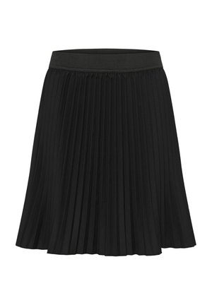 Crna plisirana suknja s elastičnim pojasom, do koljena, izrađena od laganog materijala, prikazana na bijeloj pozadini.