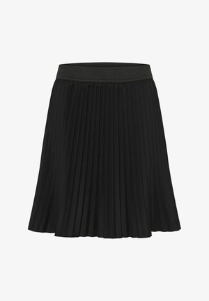 Crna plisirana suknja s elastičnim pojasom, do koljena, izrađena od laganog materijala, prikazana na bijeloj pozadini.