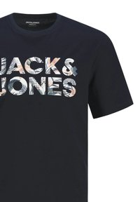 T-shirt in cotone navy con la scritta "JACK & JONES" in lettere grasse, arricchita da un motivo floreale. Maniche corte.