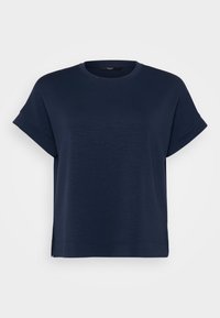 Σκούρο μπλε κοντομάνικο t-shirt με στρογγυλή λαιμόκοψη, πλαϊνές σχισμές στο τελείωμα και ομαλή, υφασμάτινη υφή.