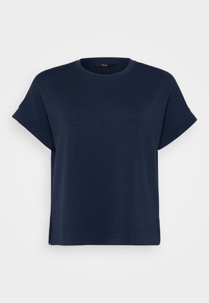 Σκούρο μπλε κοντομάνικο t-shirt με στρογγυλή λαιμόκοψη, πλαϊνές σχισμές στο τελείωμα και ομαλή, υφασμάτινη υφή.