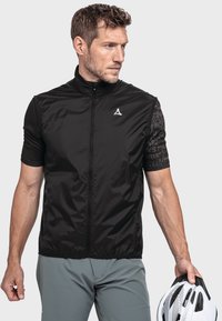 Schwarze Radweste mit Frontreißverschluss, kurzen Ärmeln und reflektierenden Akzenten. Das Material ist leicht und hat eine glatte Textur.