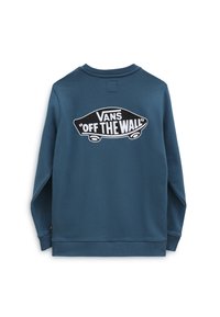 Blå sweatshirt med en stor svartvitt "VANS OFF THE WALL"-logotyp på baksidan. Tillverkad av mjukt tyg med ribbade muddar.