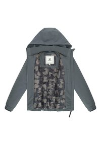 Grå hettejakke med camo-mønstret innerfôr, frontglidelås og glidelåslomme på brystet, lagt flatt og åpen.