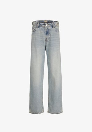 Svetlo modré nohavice s vysokým pásom, rovného strihu, s predným gombíkom a zipsom, pútkami na opasok a klasickým piatym vreckovým dizajnom.