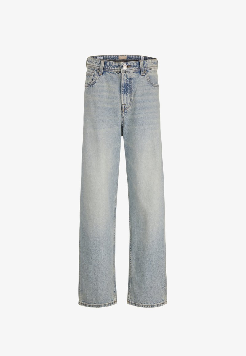 Világoskék, magas derekú, egyenes szárú farmernadrág elülső gombbal és cipzárral, övhurkokkal és klasszikus öt zsebes kialakítással.