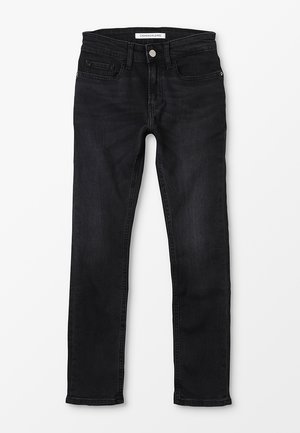 Sorte slim-fit jeans med forreste knap og lynlås, fem-lommer design og Calvin Klein Jeans mærke på inderste taljebånd.