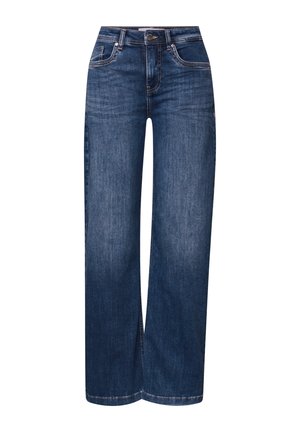 Dark blue denim jeans with straight legs, five pockets, button and zipper closure, and slight fading on thighs.