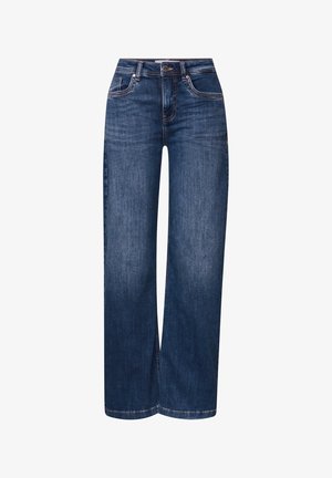 Dunkelblaue Denim-Jeans mit geradem Bein, fünf Taschen, Knopf- und Reißverschluss, sowie leichtem Verblassen an den Oberschenkeln.