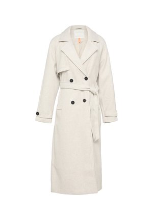 Gaiši pelēks vilnas tranšejas mētelis ar divrindu dizainu, plašiem atloka galiem, melnām pogām un jostotu vidukli. Garas piedurknes ar pogu akcentiem.