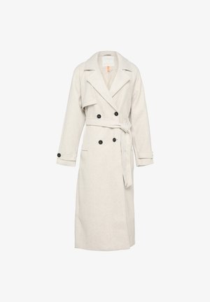 Hellgrauer Woll-Trenchcoat mit doppelreihigem Design, breiten Revers, schwarzen Knöpfen und einem Taillengürtel. Lange Ärmel mit Knopfakzenten.