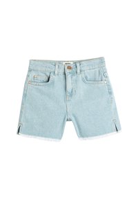 Lyseblå denimshorts med en frayed kant, sidelæg, forlommer og en enkelt baglomme. Har en metalknap og brandlabel.