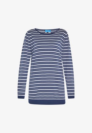 Bluză cu mâneci lungi în dungi, în nuanțe de bleumarin și alb, având un guler larg de tip crew, material moale și un tiv solid bleumarin la baza.