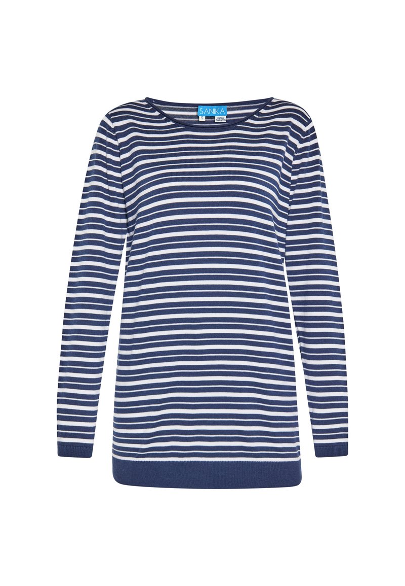 Maglia a maniche lunghe a righe in blu navy e bianco, con un ampio scollo a girocollo, tessuto morbido e orlo inferiore in blu navy uniforme.