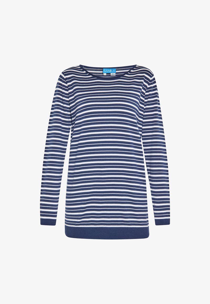 Csíkos, hosszú ujjú felső sötétkék és fehér színben, széles kerek nyakkivágással, puha anyagból készült, az alján egyszínű sötétkék szegéllyel.