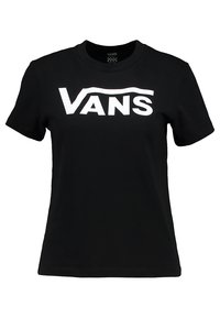 Camiseta de algodón negra con un gran logo blanco de "VANS" en el pecho. Mangas cortas y cuello redondo. Textura suave.