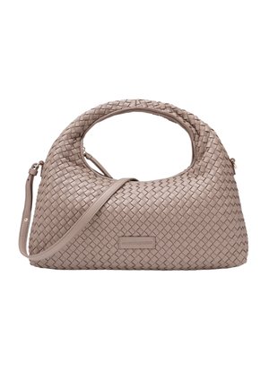 Taupe woven leather shoulder bag with round handle and detachable crossbody strap, rectangular logo patch on front.