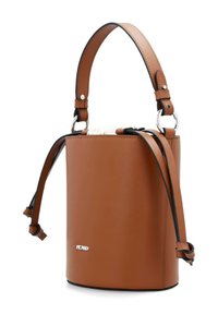 Brown leather bucket bag with adjustable shoulder strap, drawstring closure, and silver metal ring attachments, showing brand logo on front.