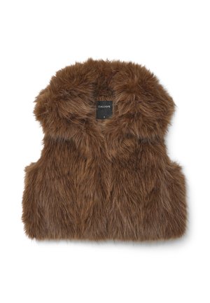 Gilet en fausse fourrure marron avec capuche, présentant une texture douce. Le design est sans manches, avec une étiquette "CALLIOPE" visible à l'intérieur.