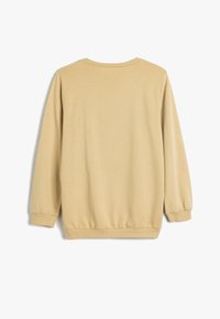 Ljusbeige sweatshirt med långa ärmar, ribbad halsringning och manschetter, elastisk nederkant och slät tygtextur. Bakvy visas.