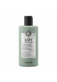 Groene plastic fles van True Soft Conditioner, met een zwarte schroefdop, een witte label met tekst en symbolen, en een hoeveelheid van 300 ml.