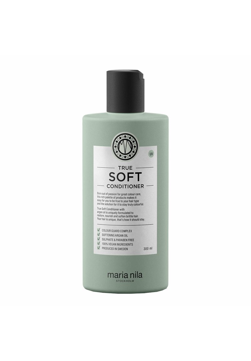 Groene plastic fles van True Soft Conditioner, met een zwarte schroefdop, een witte label met tekst en symbolen, en een hoeveelheid van 300 ml.