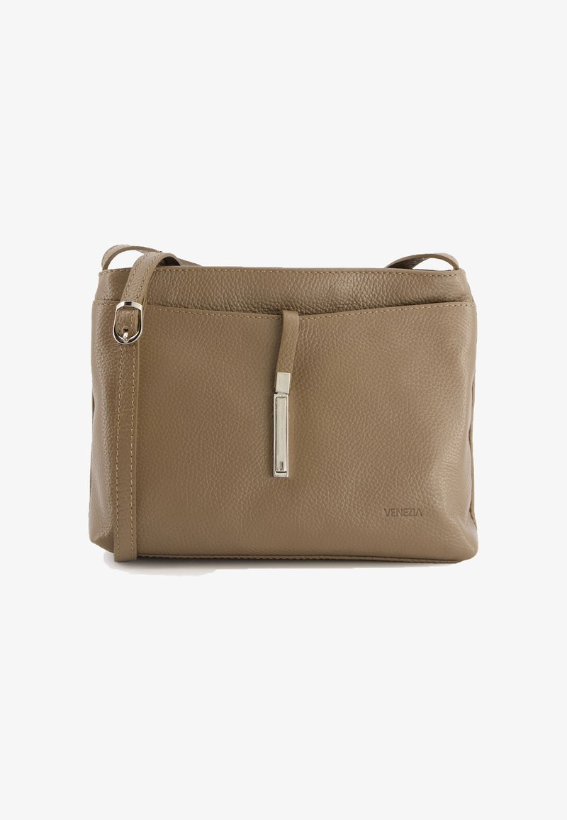 Tan leather crossbody bag with a textured finish, featuring a silver-tone hardware accent and a top zip closure. Brand name is visible.