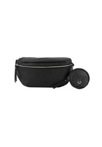 Borsa in pelle nera con finitura texturizzata e zip argentata. Include una pochette circolare in un tessuto a fantasia, con un logo e un anello.