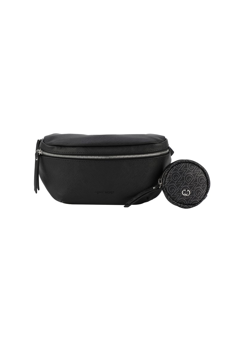 Borsa in pelle nera con finitura texturizzata e zip argentata. Include una pochette circolare in un tessuto a fantasia, con un logo e un anello.