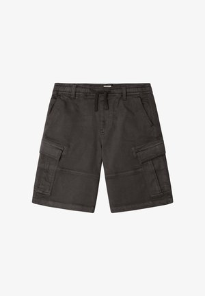 Zwarte cargoshorts met elastische tailleband, trekkoord, zijpanelen met klepzakken en schuine voorzakken, gemaakt van stevig materiaal.