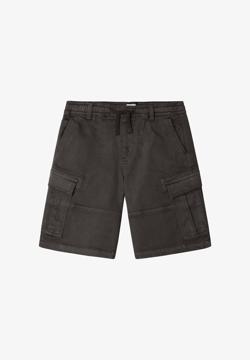Schwarze Cargo-Shorts mit elastischem Bund, Kordelzug, seitlichen Klappentaschen und schrägen Fronttaschen, aus robustem Stoff gefertigt.