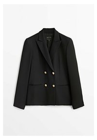 Veste noire croisée à double boutonnage avec des accents de boutons dorés, des revers nets et deux poches avant. Tissu lisse avec une coupe ajustée.