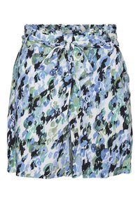 Floral print skirt with a tie waist, featuring blue, green, and black colors on a white background. Made from lightweight fabric with a relaxed fit.