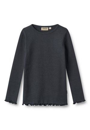 Maglietta nera a maniche lunghe con coste, bordi arricciati su maniche e orlo, collo tondo e etichetta con il marchio "Wheat" e la taglia 4Y/104.