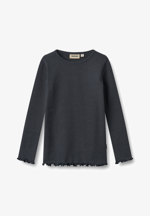 Maglietta nera a maniche lunghe con coste, bordi arricciati su maniche e orlo, collo tondo e etichetta con il marchio "Wheat" e la taglia 4Y/104.