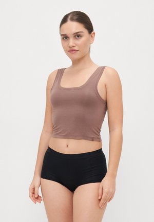 Brown cropped tank top with a square neckline and thick straps, paired with high-waisted black underwear. Smooth fabric texture, fitted design.