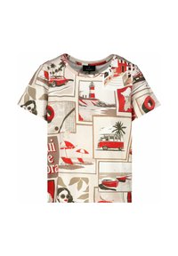 T-shirt beige à manches courtes avec un imprimé en collage rouge et gris illustrant des thèmes de plage, des voitures vintage et des palmiers. Encolure ronde.