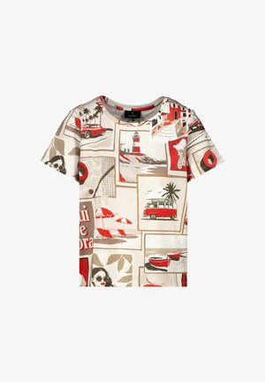 Short-sleeved, beige t-shirt featuring a collage print in red and gray with beach themes, vintage cars, and palm trees. Round neckline.