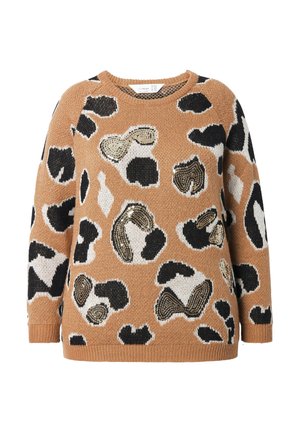 Pletený svetr v béžové barvě s abstraktními vzory v černé, bílé a zlaté. Má kulatý výstřih a dlouhé rukávy. Měkká textura, neformáln�í design.
