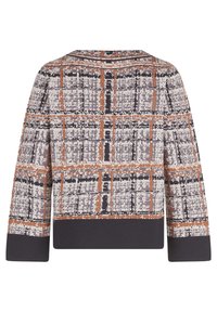 Short-sleeved sweater with a textured, multicolored plaid pattern in beige, brown, and orange. Features a dark ribbed hem and neckline.