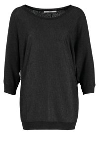 Maglione oversize nero in maglia con maniche a tre quarti, un ampio scollo e orlo a costine, caratterizzato da una texture sottile.