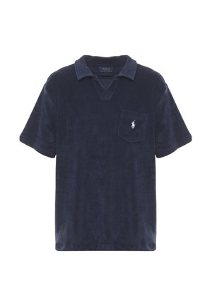 Polo a maniche corte blu navy con colletto, taschino sul petto e logo di cavallo ricamato in bianco sulla tasca.