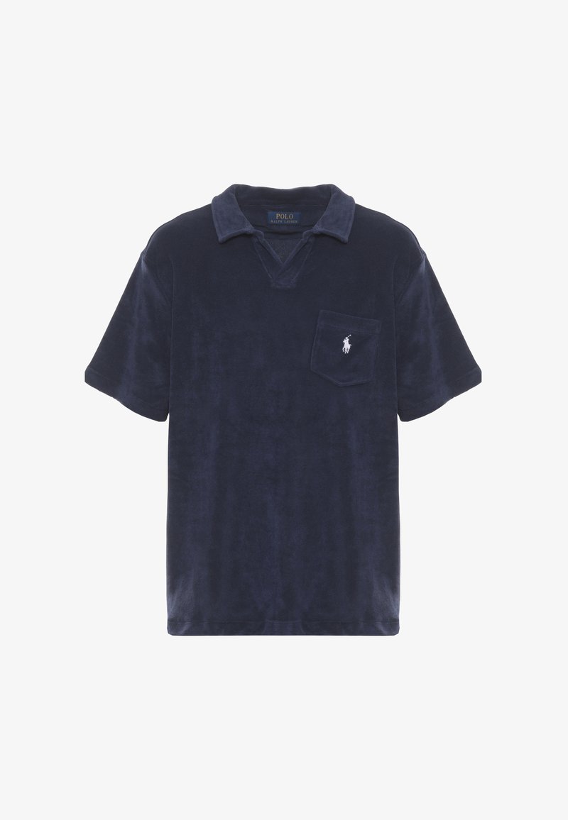 Polo bleu marine à manches courtes avec col, poche poitrine et logo de cheval brodé en blanc sur la poche.